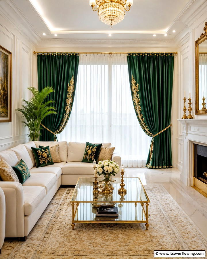 Emerald Green and Gold Curtains for a Dramatic Touch - 25 Emerald Green and Gold Living Room Ideas for Luxury