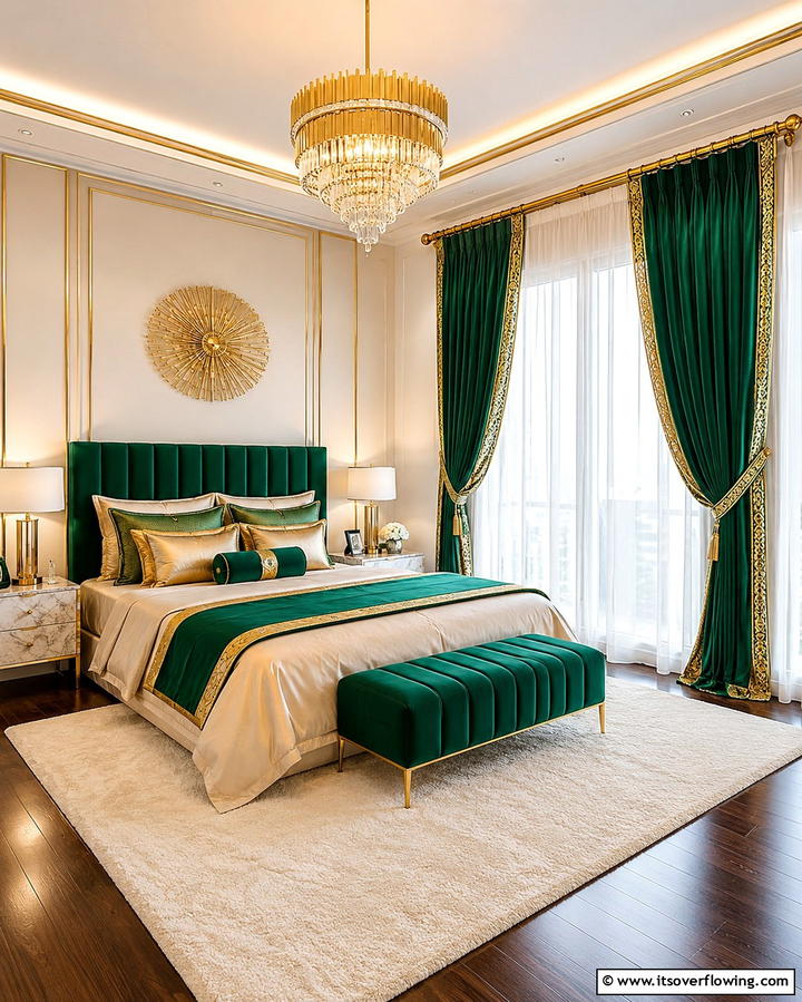 Emerald Green and Gold Drapes - 25 Emerald Green and Gold Bedroom Ideas for a Luxurious Retreat