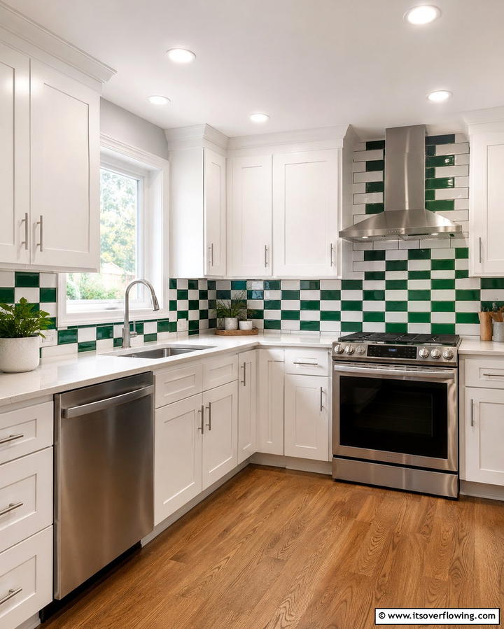 Emerald Green and White Subway Tile Combination - 25 Emerald Green Kitchen Ideas for Bold Style