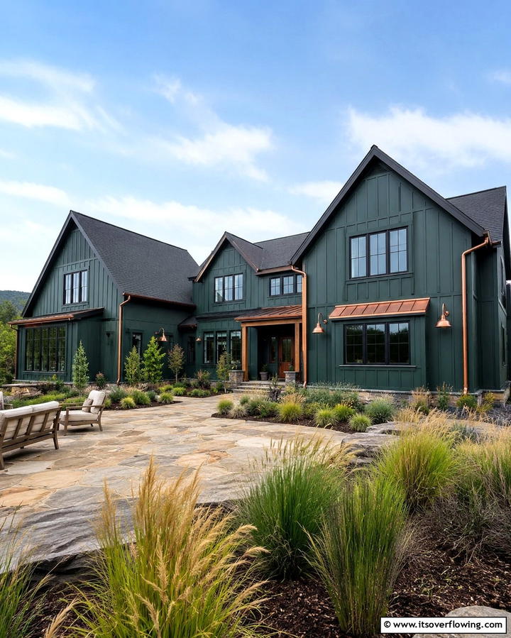 Emerald Green with Copper Accents - 25 Farmhouse Green Exterior Home Ideas for a Fresh Look
