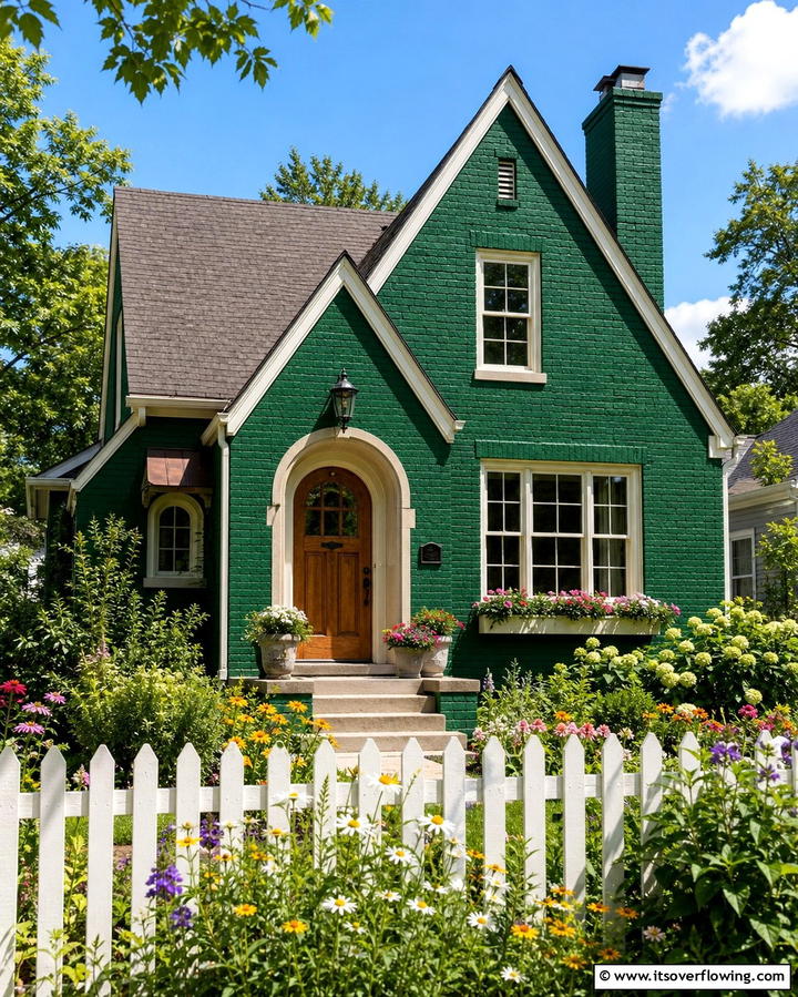 Emerald Green with White Picket Fence - 30 Green Brick Exterior Home Design Ideas for Modern Houses