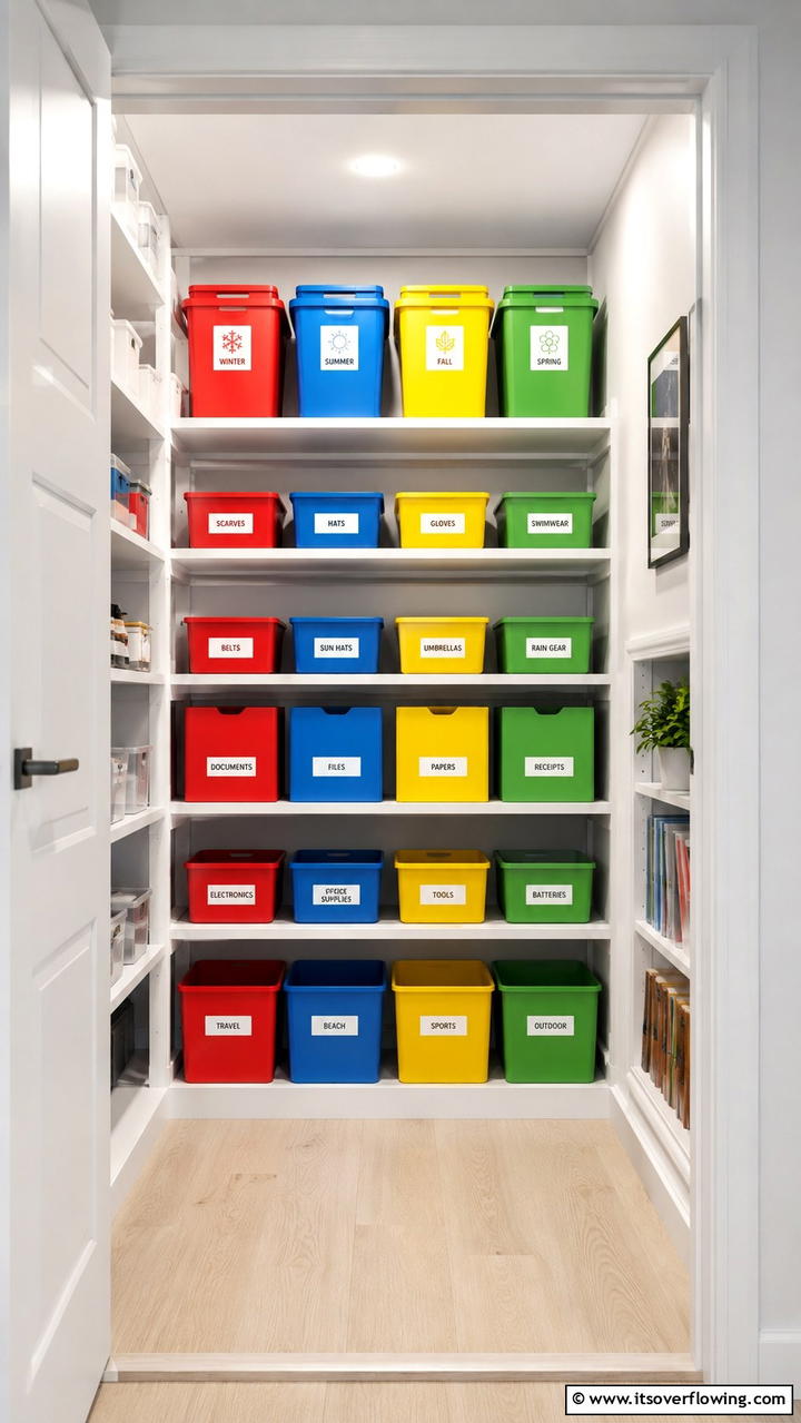 Employing Color Coded Bins for Organization - 30 Smart Hall Closet Organization Ideas for Maximized Space