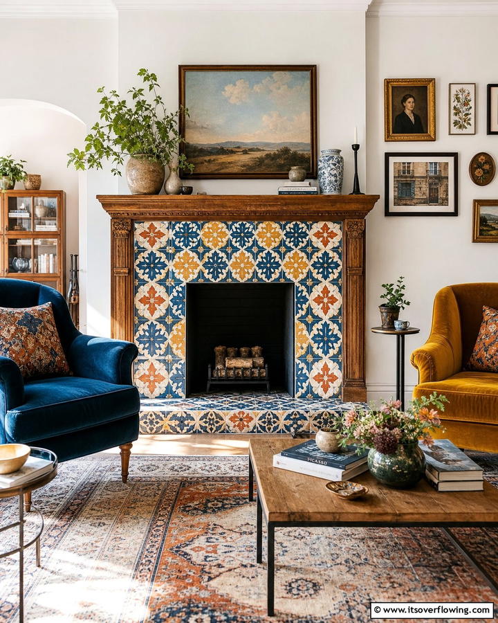 Encaustic Expression - 21 Fireplace Tile Ideas to Refresh Your Hearth’s Aesthetic