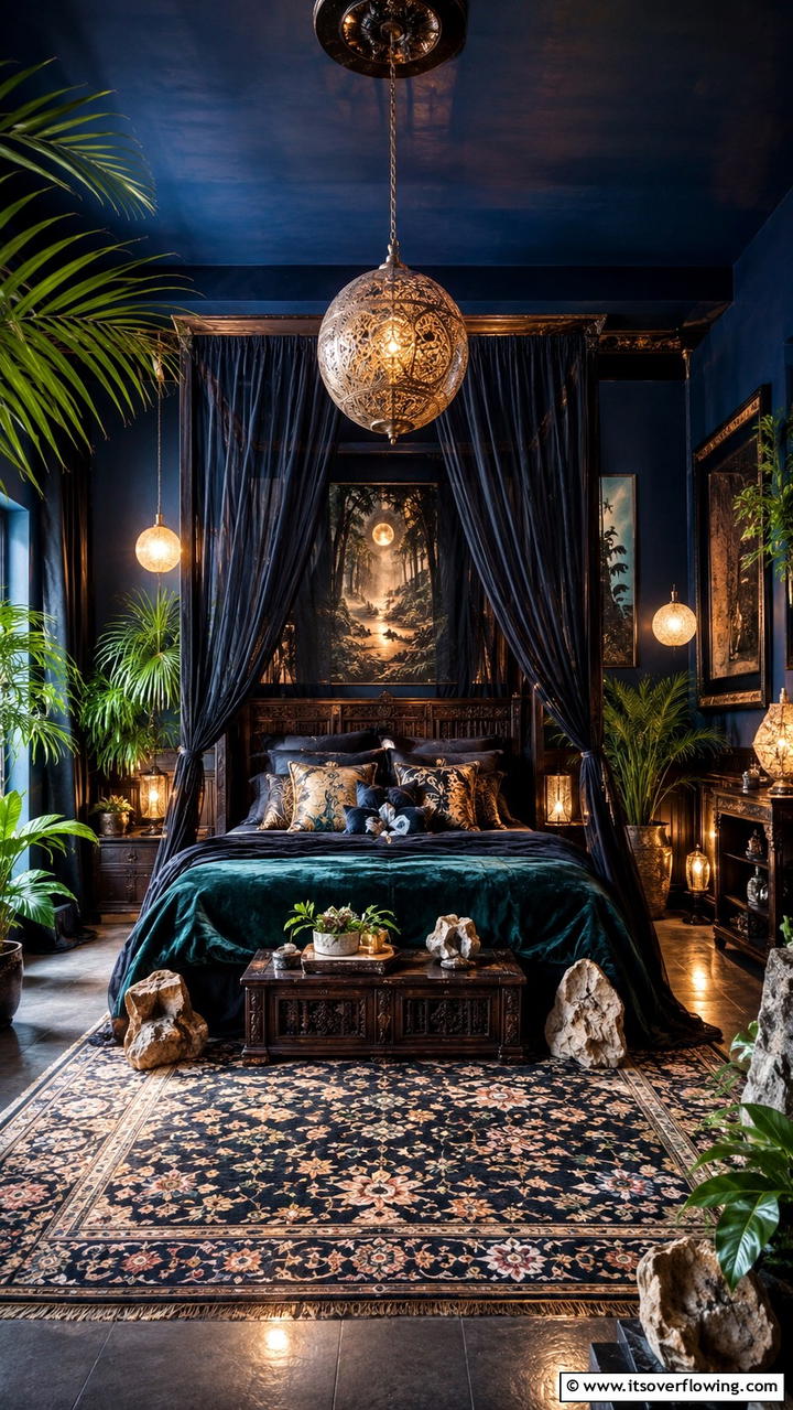 Enchanted Dark Oasis - 30 Dark Bedroom Ideas- Moody and Sophisticated Retreat