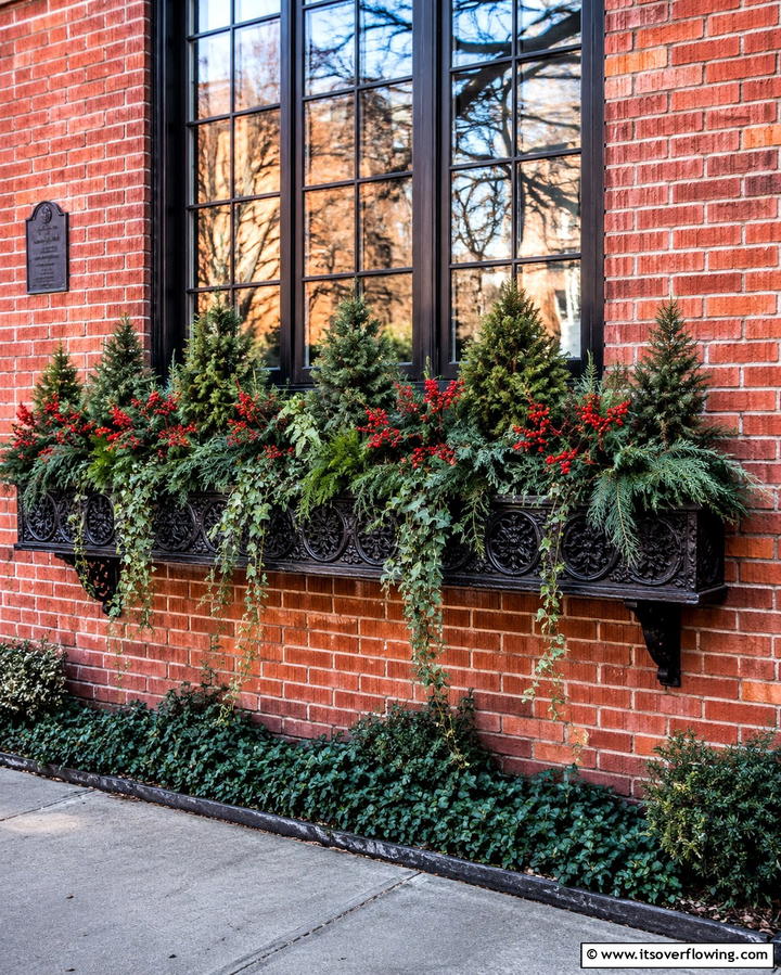 Enchanted Evergreen Elegance - 30 Fall Window Box Ideas for Autumn-Inspired Floral Displays