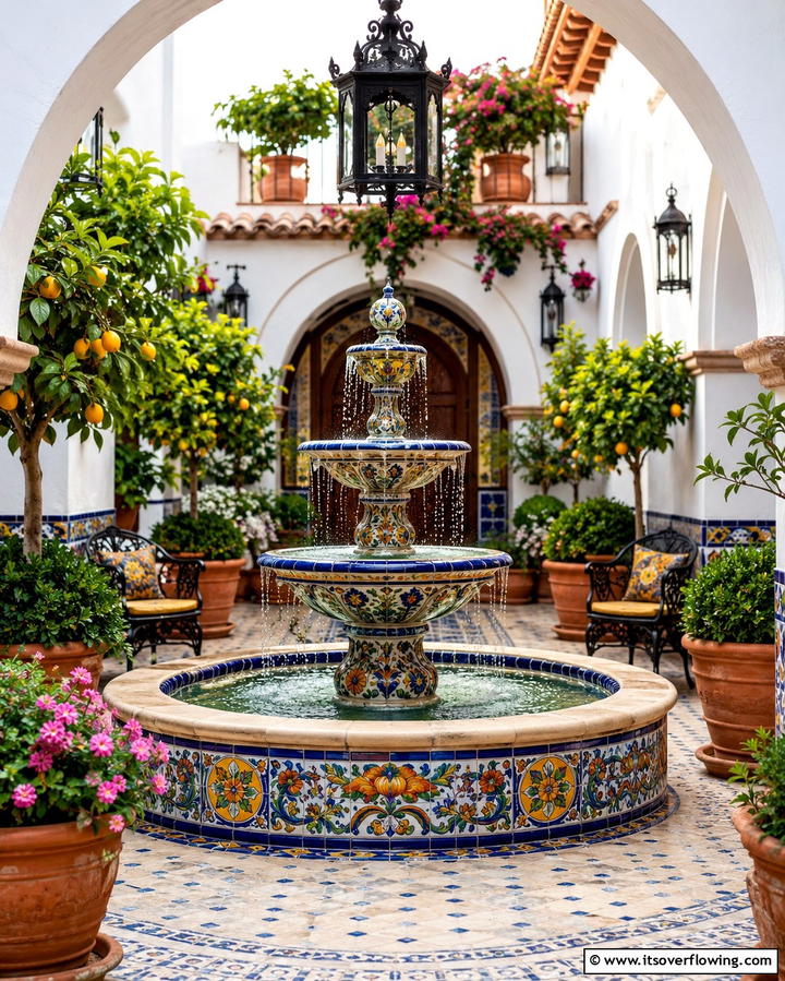 Enchanting Fountain Centerpiece - 30 Spanish Style Front Porch Ideas for Mediterranean Charm