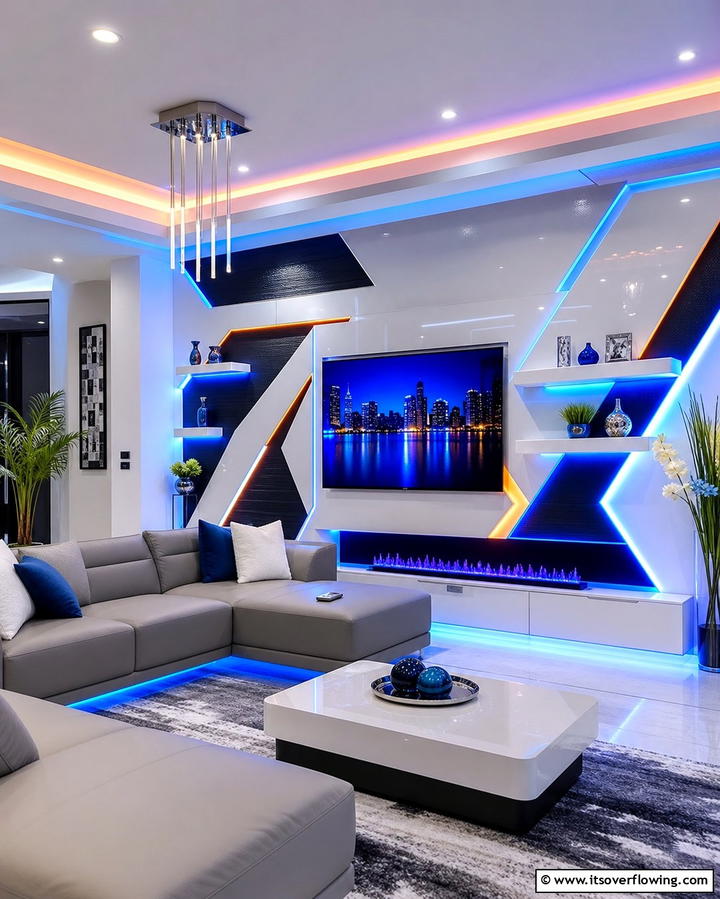 Energetic Accent with LED Lighting - 30 Striking Living Room Accent Wall Ideas for Bold Style