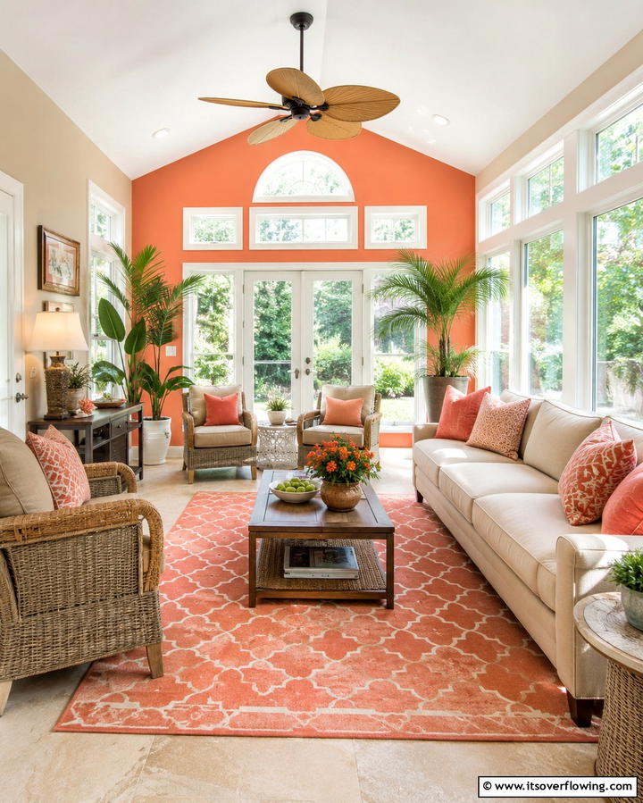 Energizing Coral Accents - 20 Sunroom Color Ideas to Brighten Your Space