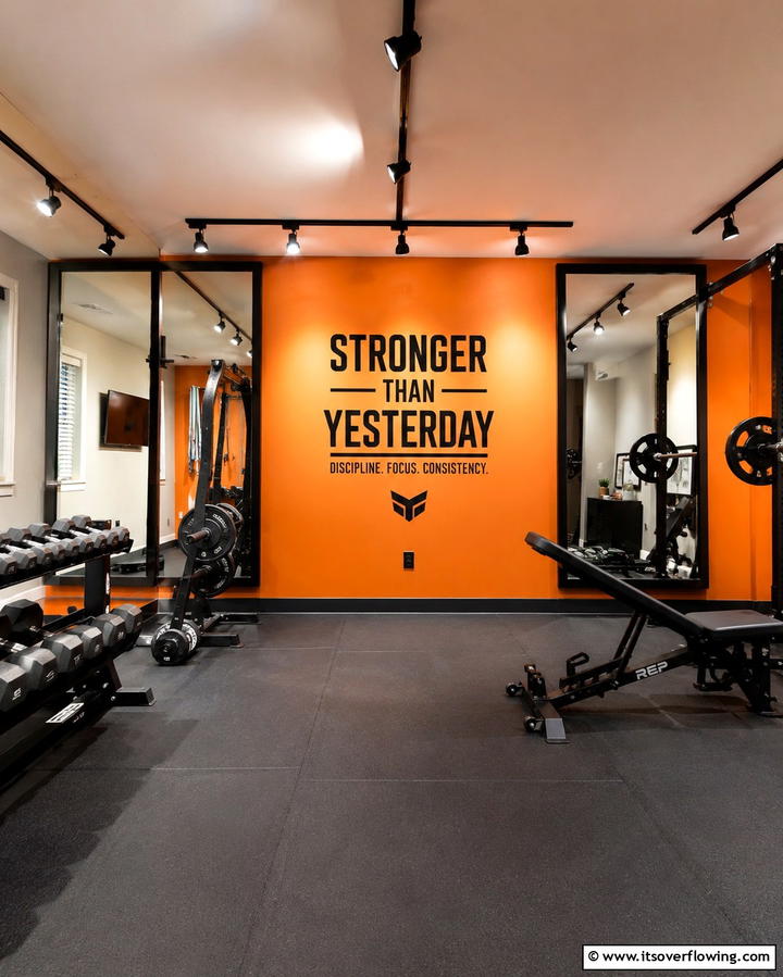 Energizing Fitness Room - 20 Orange Accent Wall Ideas to Brighten Your Space