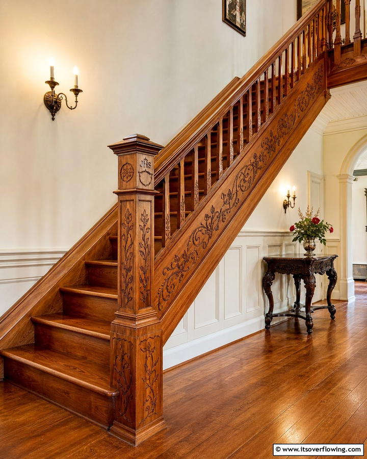 Engraved Decorative Wood Railing - 30 Wood Stair Railing Ideas for Warm Architectural Detail