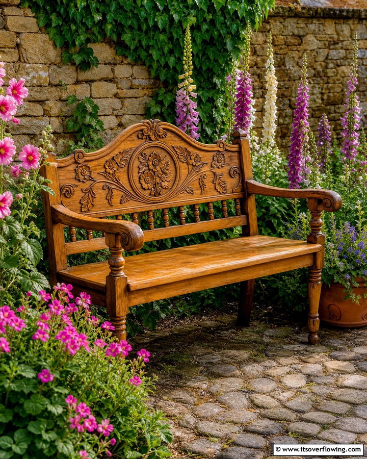 Engraved Wooden Bench with Charm - 30 Charming Garden Bench Ideas for Relaxing Outdoor Spaces