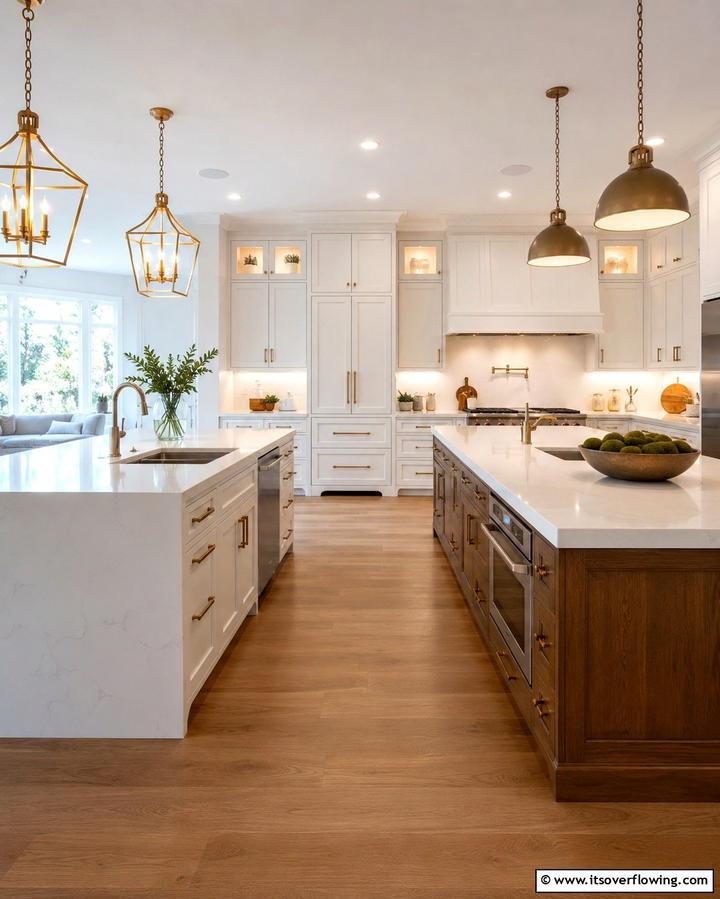 Enhanced Lighting Features - 25 Double Island Kitchen Ideas for Spacious Cooking