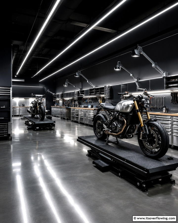 Enhanced Lighting Setup - 25 Motorcycle Garage Ideas for Bike Enthusiasts