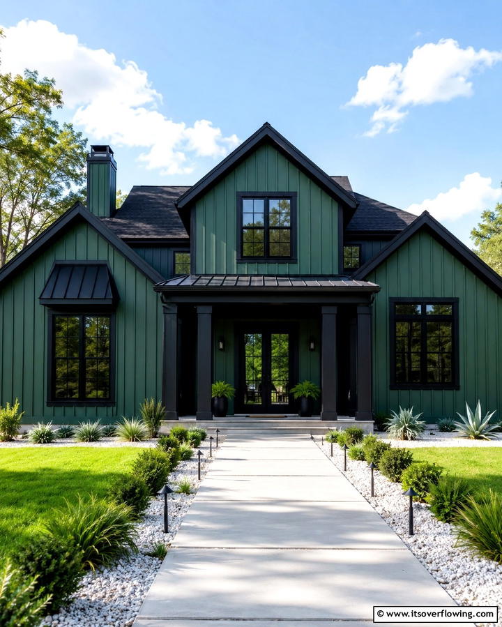 Enhancing Curb Appeal with Contrast - 25 Forest Green House With Black Trim Ideas- Bold & Modern