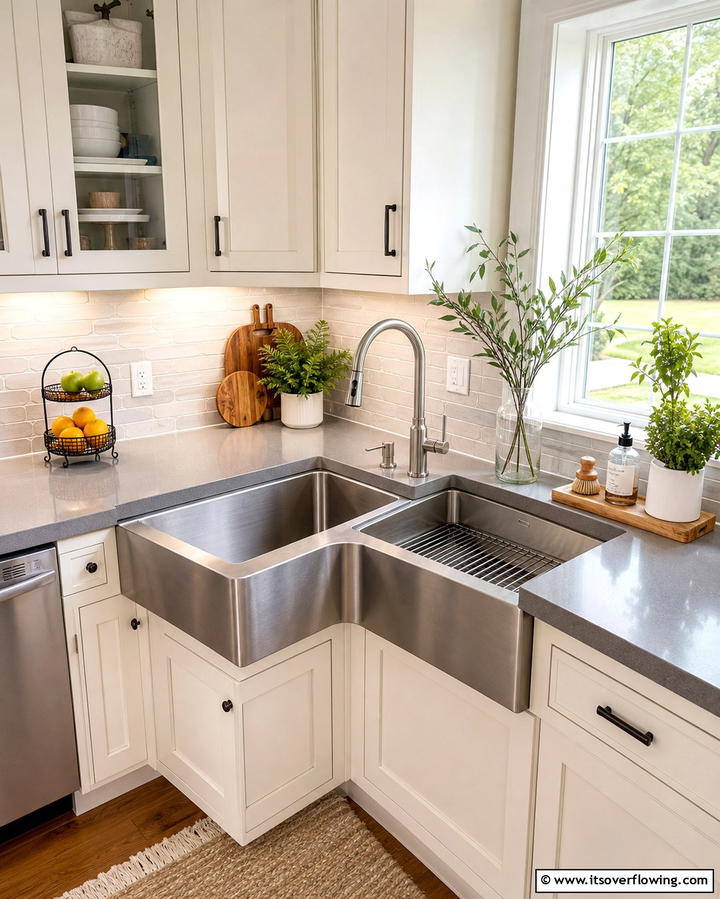 Enhancing Versatility with a Corner Double Basin Sink - 25 Clever Corner Kitchen Sink Ideas for Small Spaces