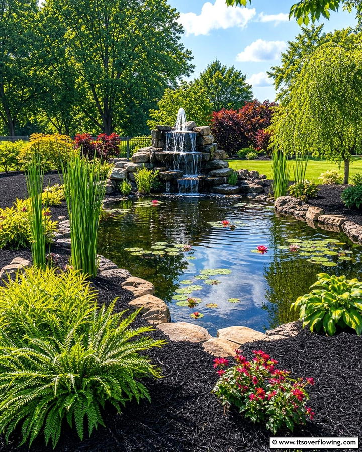 Enhancing Water Features with Black Mulch - 25 Black Mulch Landscaping Ideas for a Sleek Garden