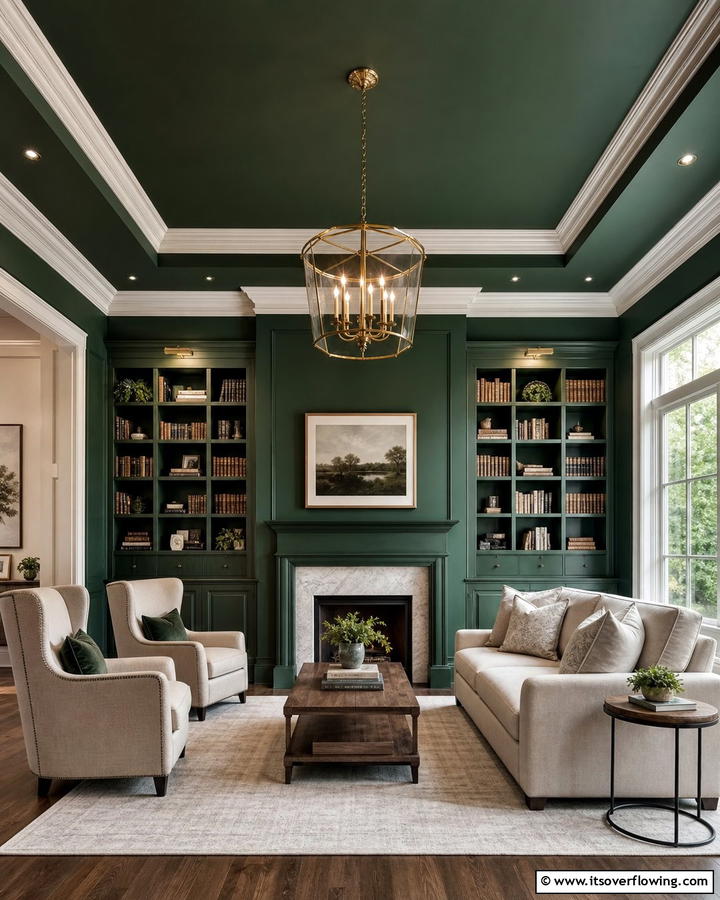 Enhancing the Space with Dark Green Ceiling Paint - 20 Dark Green Home Library Ideas and Inspiration