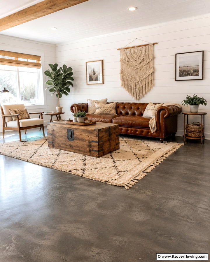 Enhancing the Space with Warm Rugs - 25 Rustic Concrete Floor Living Room Ideas for Style