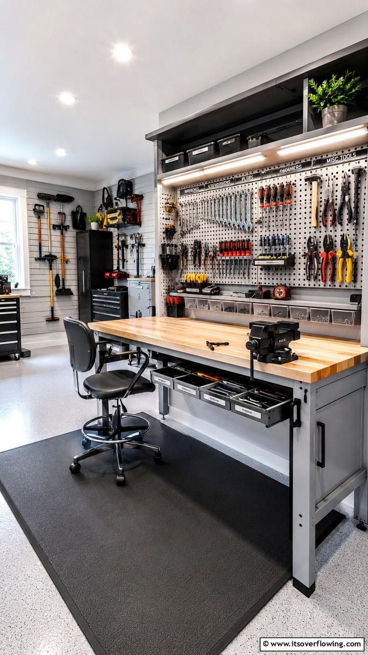 Ergonomic Workbench with Built In Tool Organizer - 30 Garage Workbench Ideas for Organized DIY Spaces