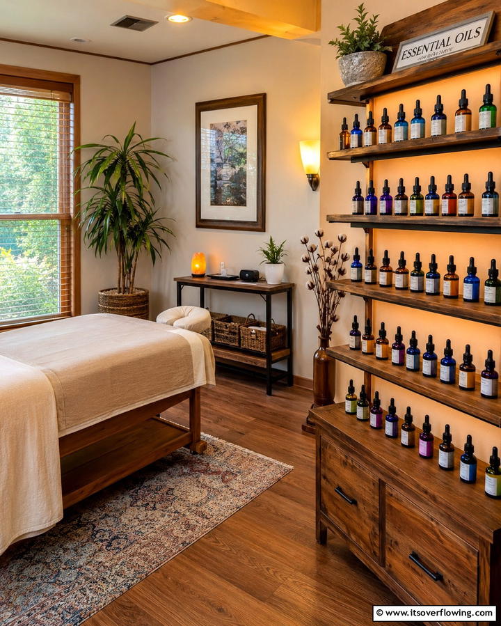 Essential Oil Display - 25 Massage Room Setup Ideas for Ultimate Relaxation