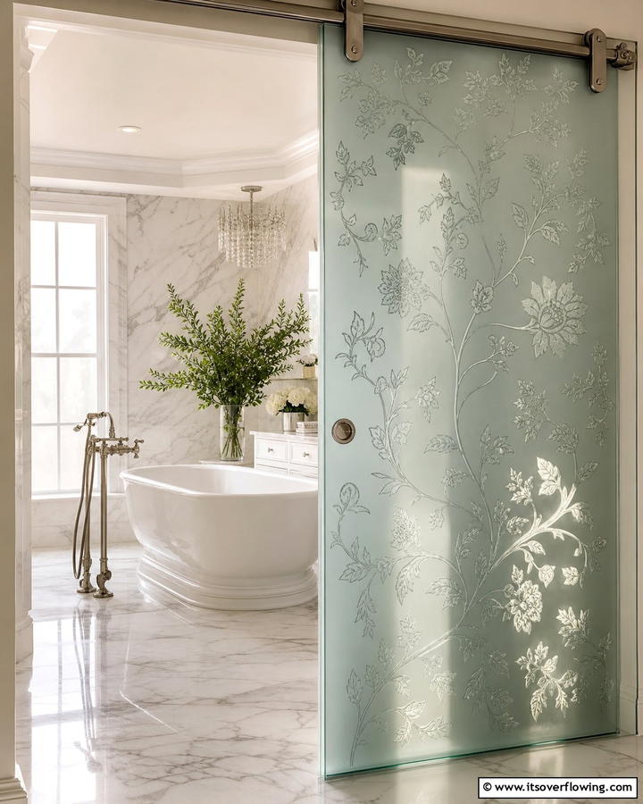 Etched Glass Pocket Door for a Personalized Touch - 20 Bathroom Pocket Door Ideas for Modern Homes