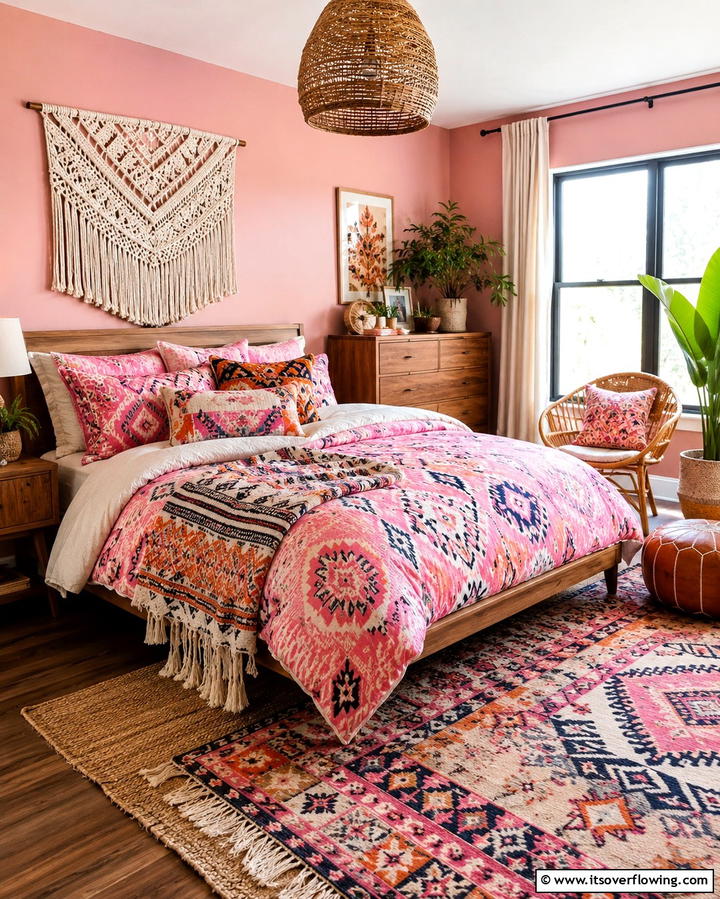 Ethnic Print Bedding Accents - 30 Pink Boho Bedroom Ideas for a Chic and Cozy Retreat