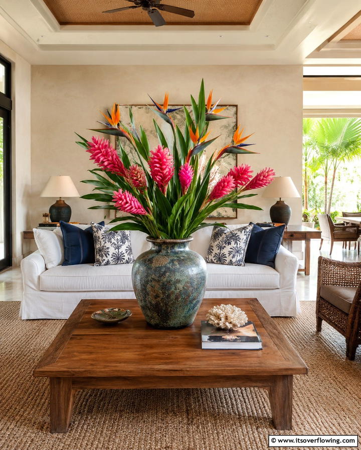 Exotic Floral Arrangements - 25 Tropical Living Room Ideas for a Vibrant Space