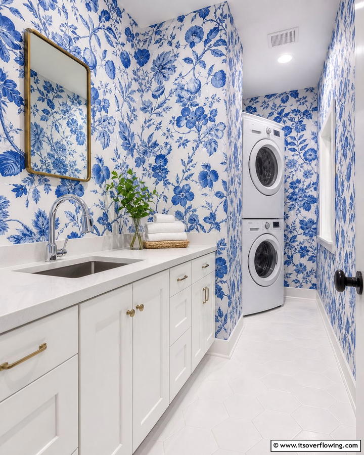 Experiment with Blue Wallpaper - 25 Blue Laundry Room Ideas for a Fresh and Clean Look