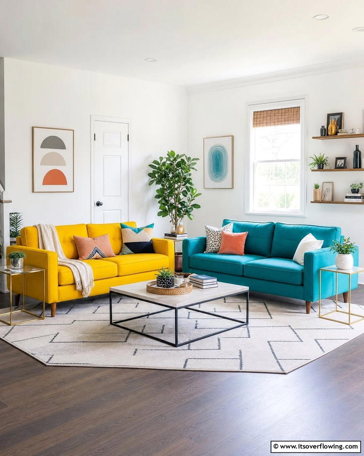 Experiment with Bold Color Blocking - 20 Mismatched Sofas in Living Room Ideas for Eclectic Style