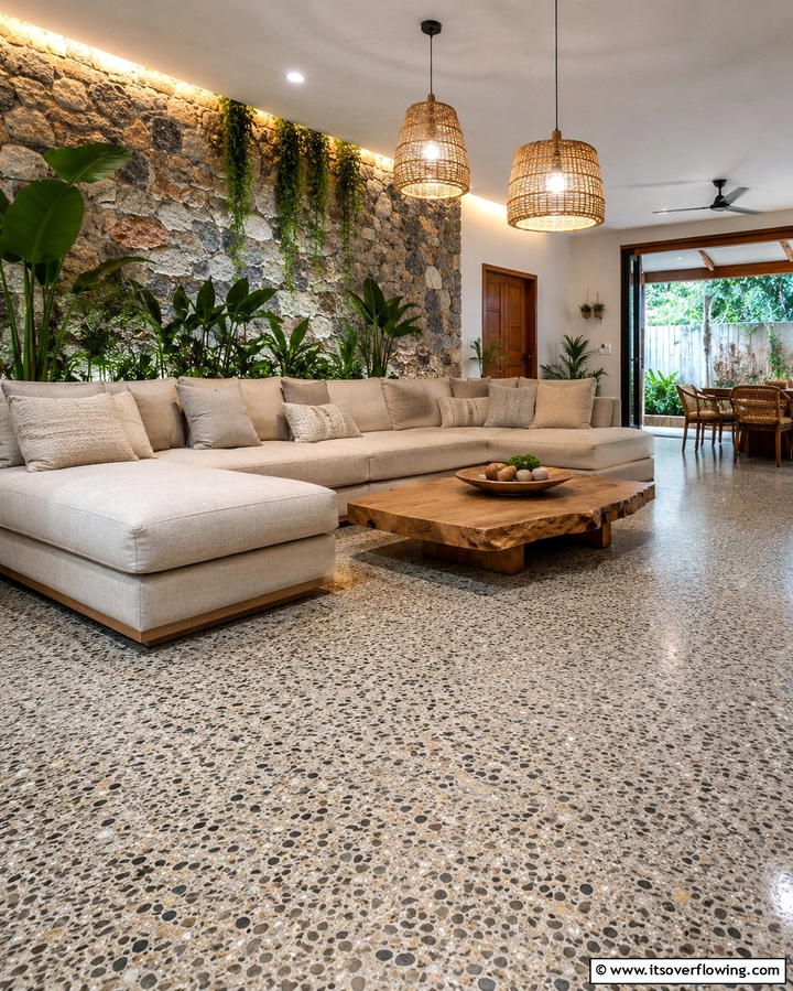 Exposed Aggregate Concrete for Natural Appeal - 25 Concrete Floor Living Room Ideas for a Modern and Chic Look