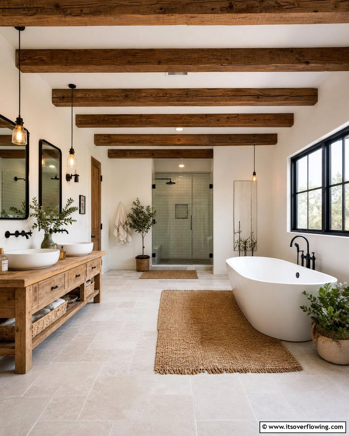 Exposed Beam Designs - 21 Modern Farmhouse Bathroom Ideas Blending Rustic Charm