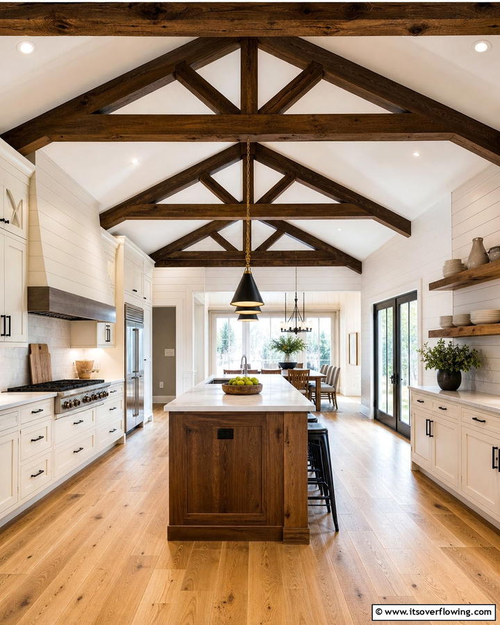 Exposed Beams Display - 21 Farmhouse Kitchen Ideas for a Cozy, Timeless Look