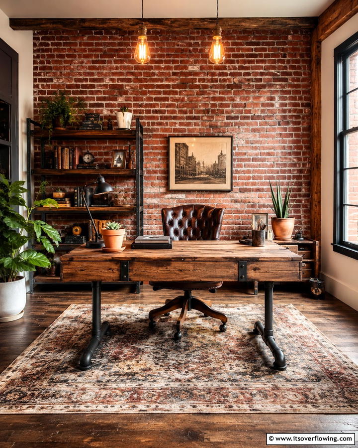 Exposed Brick Accents - 30 Rustic Home Office Ideas for a Cozy Workspace