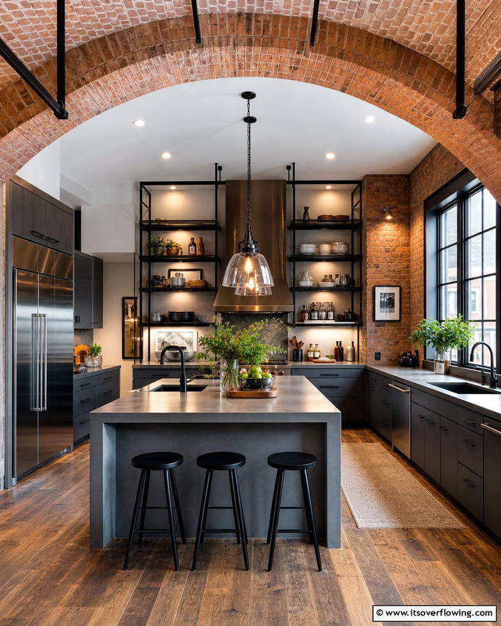 Exposed Brick Accents for Urban Appeal - 25 Vaulted Ceiling Kitchen Ideas for a Spacious Feel