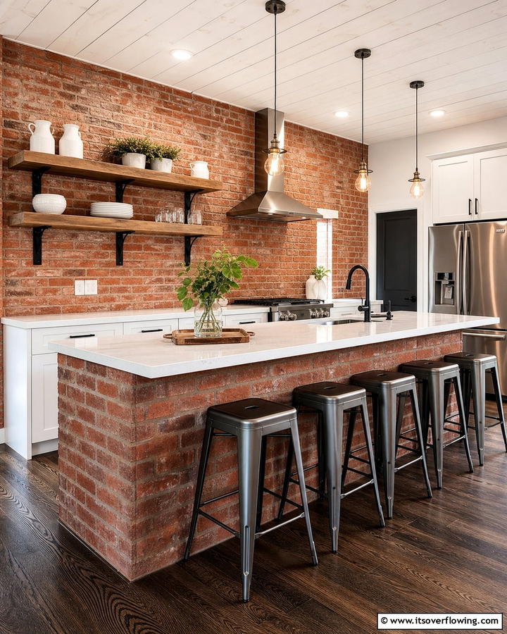 Exposed Brick Accents - 21 Kitchen Peninsula Ideas for Functional Layouts
