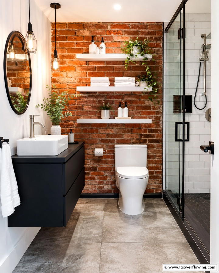 Exposed Brick Backdrop Shelves - 30 Small Bathroom Shelving Ideas for Smart Storage
