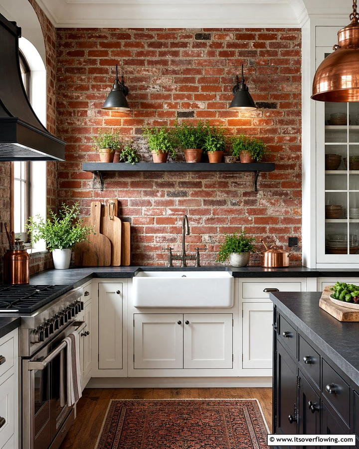 Exposed Brick Backsplash - 25 Rustic Backsplash Ideas for a Farmhouse Kitchen