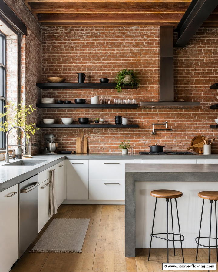 Exposed Brick Combined with Modern Shelving - 20 Red Brick Kitchen Ideas for a Rustic Charm