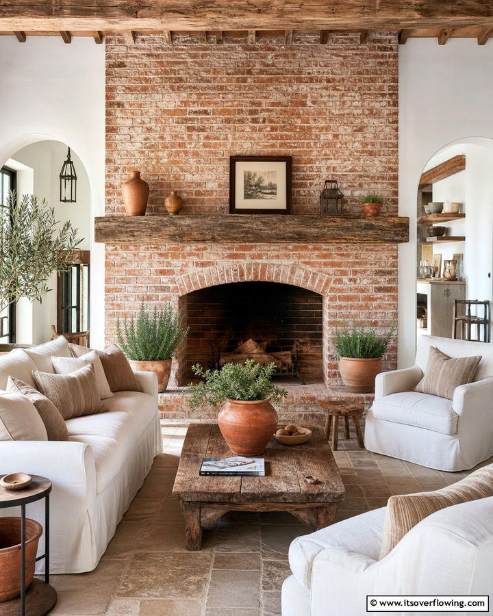 Exposed Brick Finishes - 20 Mediterranean Fireplace Ideas for a Warm Ambiance