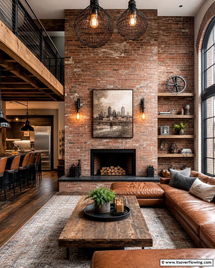 Exposed Brick Fireplace with Industrial Lighting - 25 Rustic Living Room Ideas with a Brick Fireplace