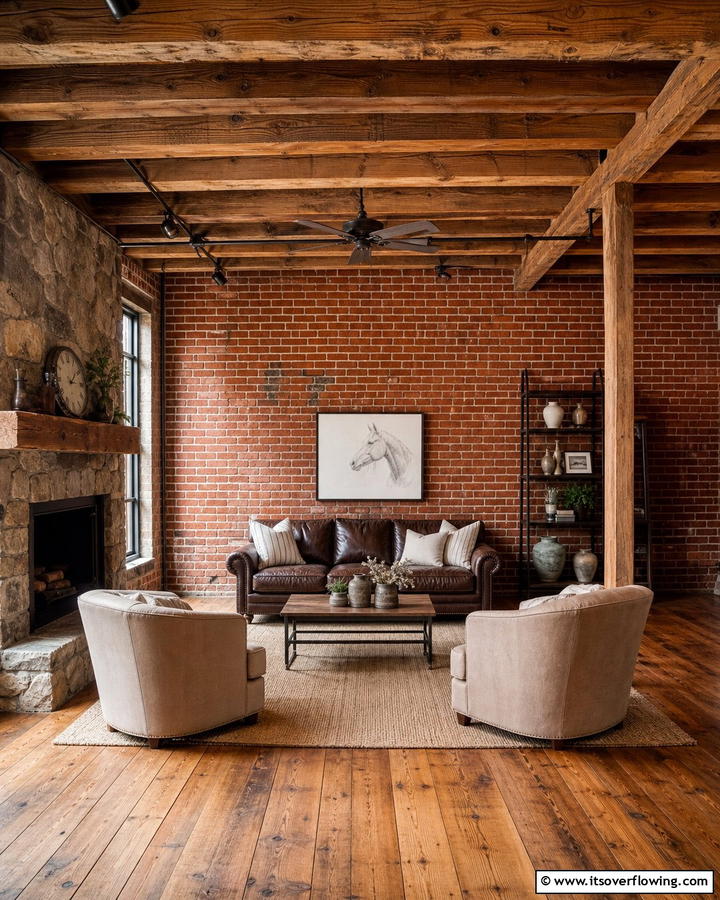 Exposed Brick Walls for Industrial Edge - 20 Primitive Living Room Ideas for a Rustic Look