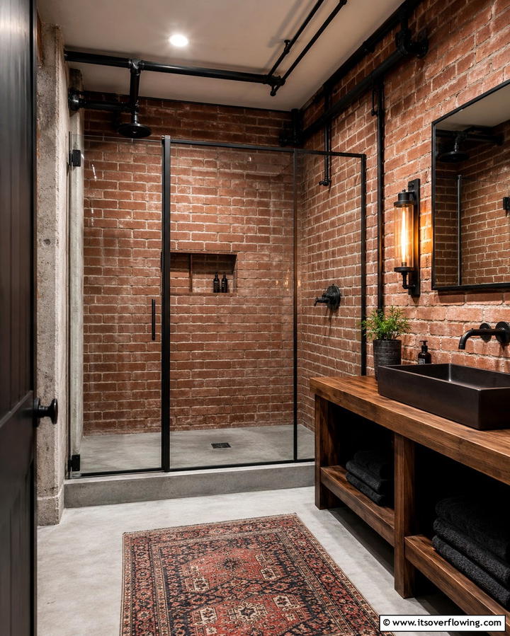 Exposed Brick Walls for Industrial Rustic Appeal - 25 Rustic Walk-in Shower Ideas for a Spa-Like Bathroom