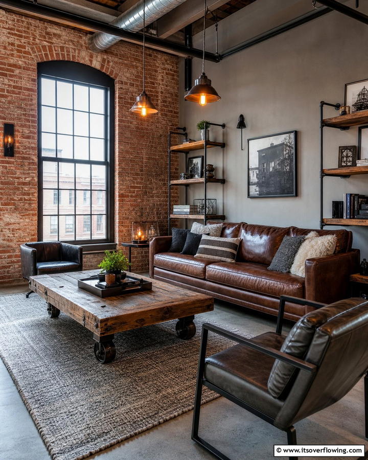 Exposed Brick with Industrial Accents - 25 Brick Wall Living Room Ideas for a Cozy Feel