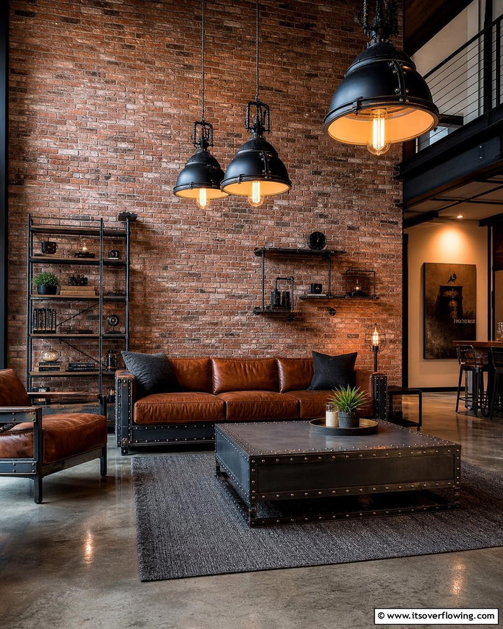 Exposed Brick with Industrial Lighting - 25 Brick Wall Living Room Ideas for a Cozy Feel
