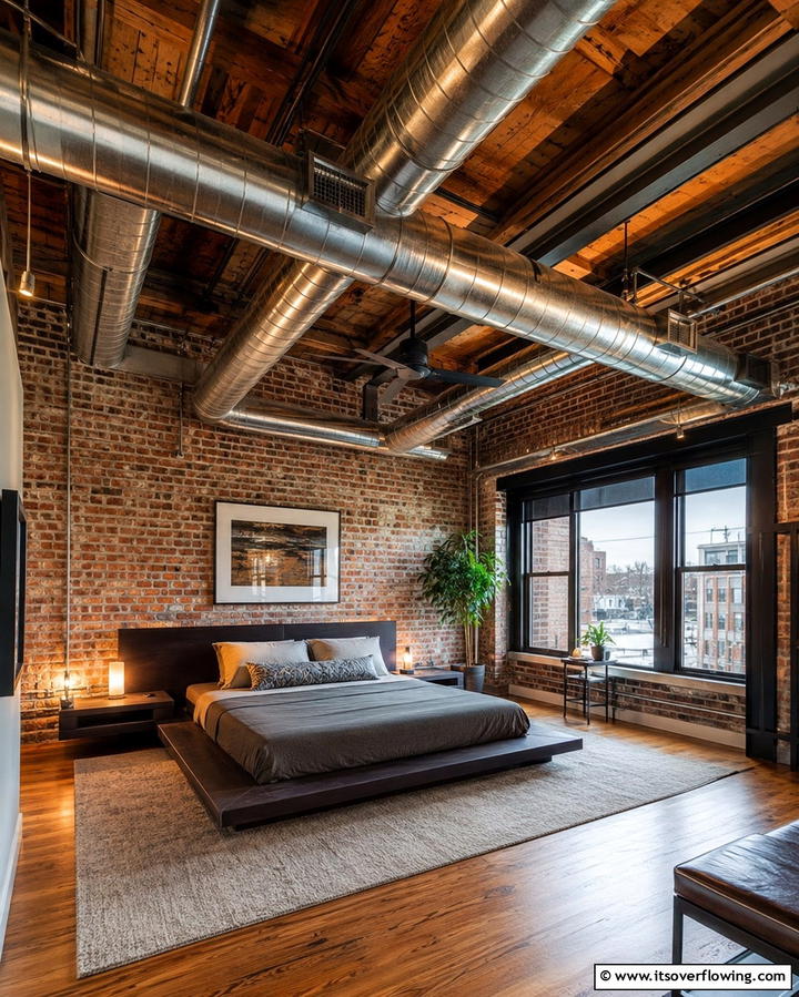 Exposed Ductwork for a Loft Style Appeal - 25 Industrial Bedroom Ideas- Urban & Stylish Designs