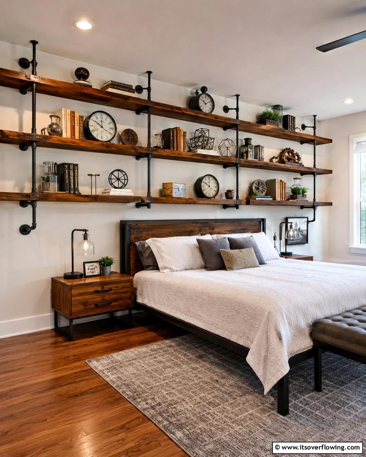 Exposed Pipe Shelving - 25 Steampunk Bedroom Ideas for a Unique Vintage Look