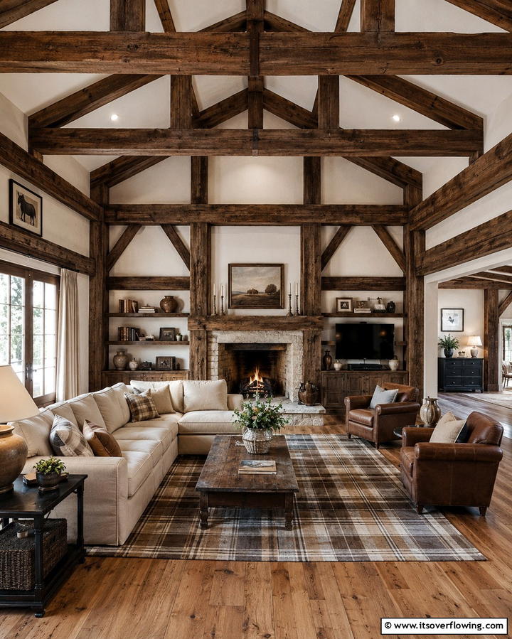 Exposed Wooden Beams - 30 French Country Fireplace Ideas- Rustic Charm