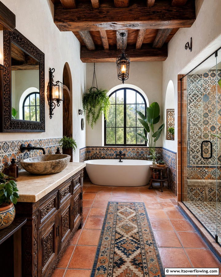 Exposed Wooden Beams - 30 Spanish Style Bathroom Ideas for Mediterranean Flair