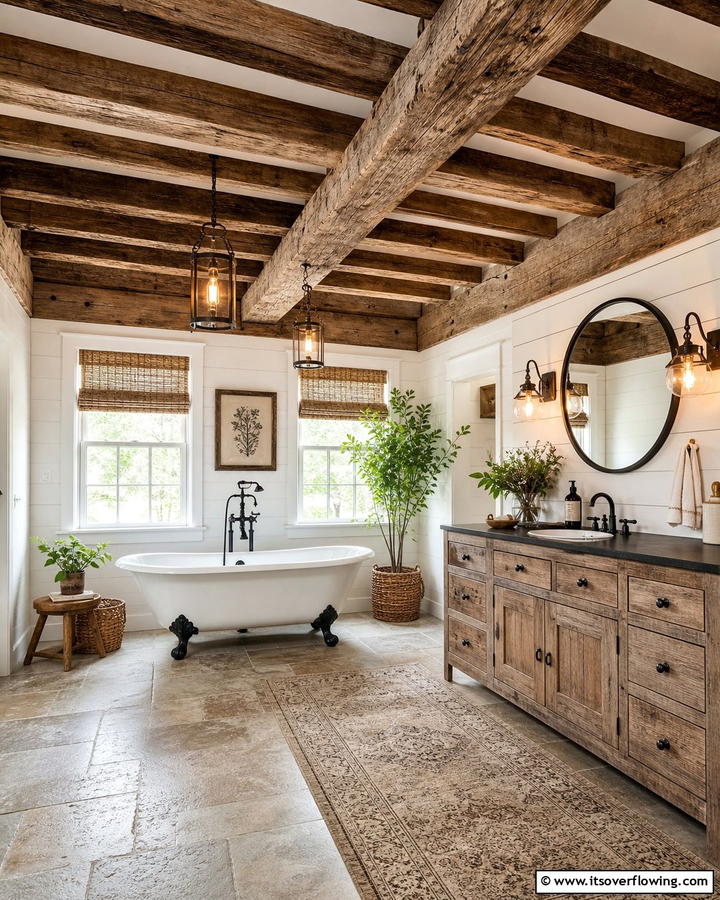 Exposed Wooden Beams - 21 Country Bathroom Ideas with Vintage Farmhouse Charm