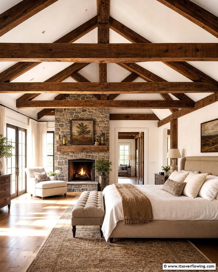 Exposed Wooden Beams - 25 Country Bedroom Ideas- Cozy & Rustic Designs